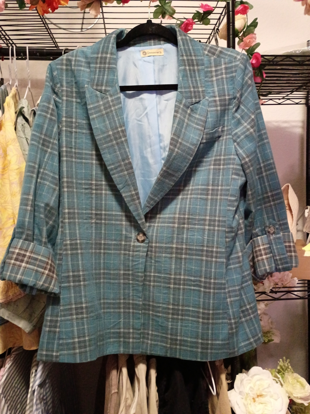 Plaid Teal Women's Blazer Jacket - Classic Single-Button